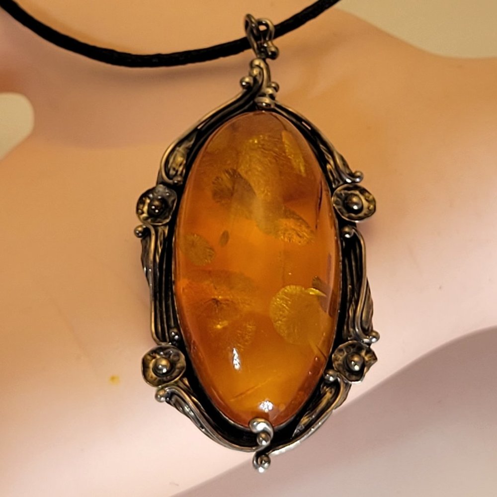 Vintage Sterling Chunky Large Oval Baltic Amber Pendant Art Nouveau Style Design